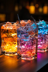 Four colorful glowing ice cubes in a glass. AI generative