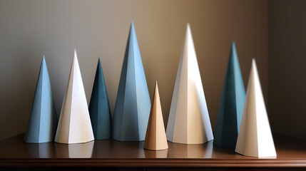 A group of paper trees sitting on top of a wooden table. Generative AI. Simple Christmas trees.