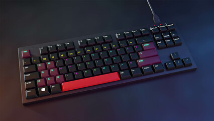 Mechanical keyboard 3D illustration, metal frame, red, black and purple key caps with rgb lights, dark background with USB cable plugged in