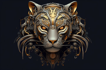 A close up of a tiger's head with gears on it. Generative AI.
