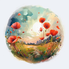 red poppies watercolor delicate drawing of wild flowers in a field on a white background. generative ai