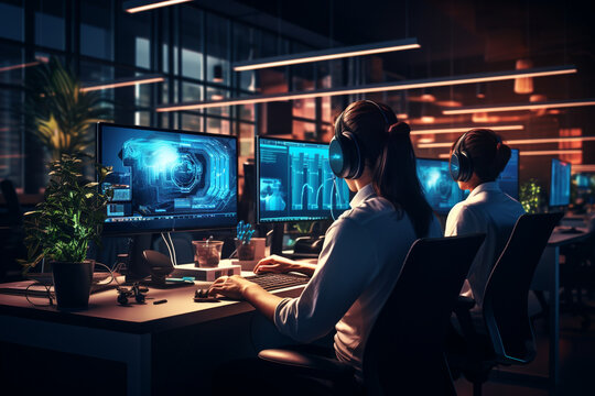 Call center, manager and telemarketing team at computer for software training, customer service and CRM in office at night made with AI generative technology
