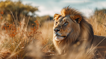 lion in the savanna african wildlife landscape. generative Ai