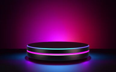 Abstract minimal concept. Modern dark neon glowing podium stage platform display on background room. Mock up template for product presentation. 3D rendering. copy text space