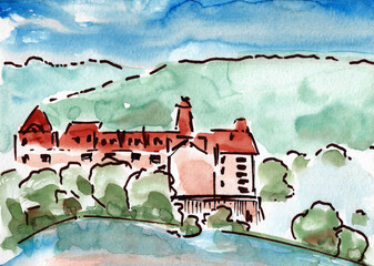 Primitive landscape with house on the lake.  Hand drawn ink and watercolors on paper texture. Bitmap