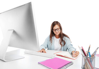 Happy smiling girl student watching learning online video class on a laptop