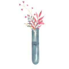 research flask with flowers, medical equipment, laboratory glassware, flowers, twigs, hand drawn watercolor illustration isolated