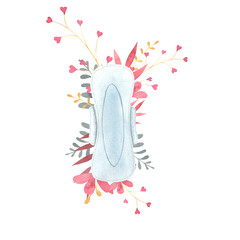 sanitary napkins, feminine hygiene products, watercolor illustration, sanitary napkins on the background of twigs of flowers