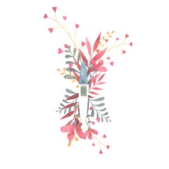 positive pregnancy test, hcg testing, gestation confirmation, twig flowers, isolated hand drawn illustration