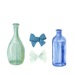 watercolor illustration of a bottle vase and bows, an isolated picture of a glass vase and ribbon bows