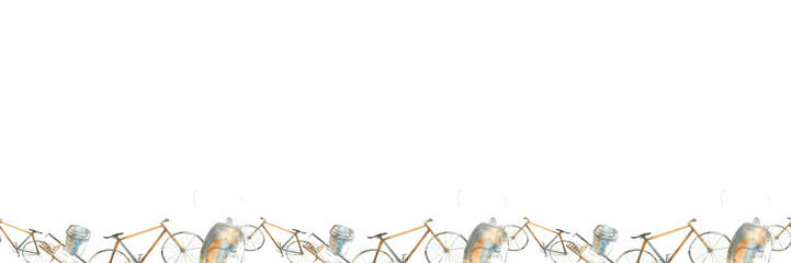 banner with bike, coffee cup, backpack, hand drawn watercolor seamless stripe