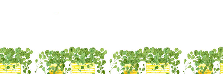 Fototapeta premium border with twigs, ornamental stripe with greenery, wooden crates, wicker basket, glass vase, glass bottle, watercolor hand drawn isolated picture