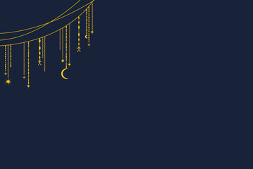 Holiday Greeting background of yellow strings with hanging stars and moon on dark blue background vector illustration. Idea for holiday card, festival event brochure , background, invitation, card,