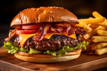 Tasty burger with french fries juicy beacon cheeseburger close-up on a rustic wooden board. Generative AI