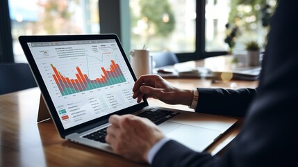 business people working on laptop with charts, research reports, and growth while looking at a computer screen and analysing investment strategy and financial