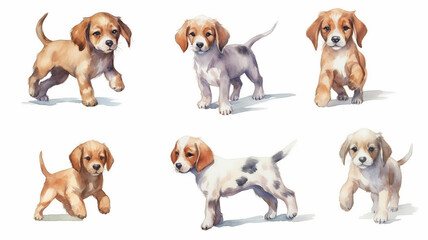 a group of cute watercolor puppies on a white background. generative Ai