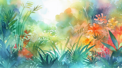 Obraz na płótnie Canvas abstract summer watercolor background flowers landscape vacation. generative Ai