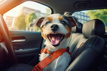 dog in car with safety belt and smile. ai generative