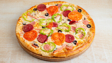 Vegetables and sausages pizza isolated