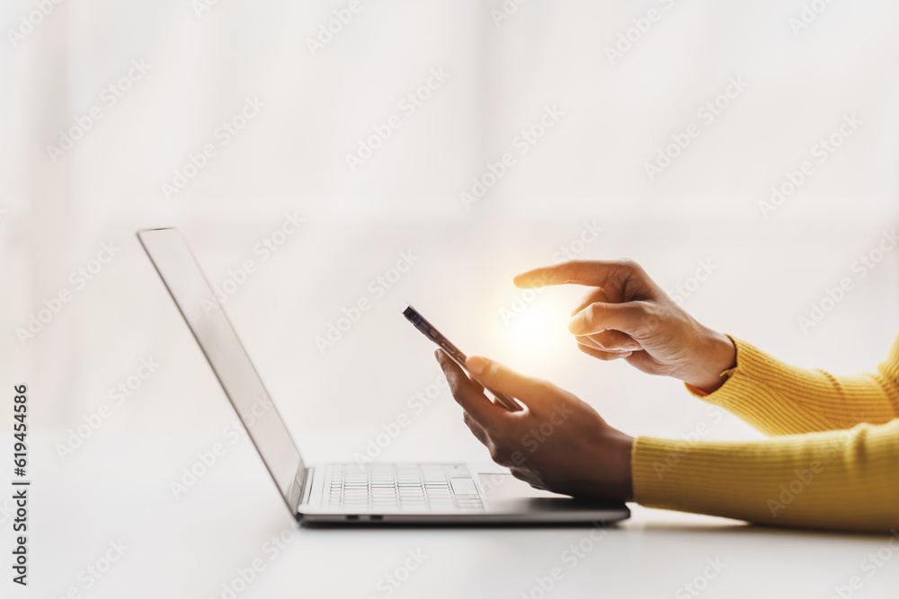 Sticker type search information from the internet network. businessman working with smartphone, tablet and l