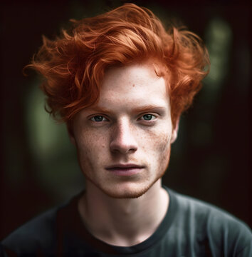 Beauty portrait of young ginger red haired shirtless male model with freckles and blue eyes