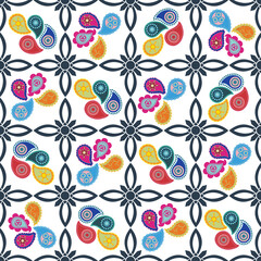 seamless pattern overlay  mixing colorful paisley elements with classic ornamental floral elements 