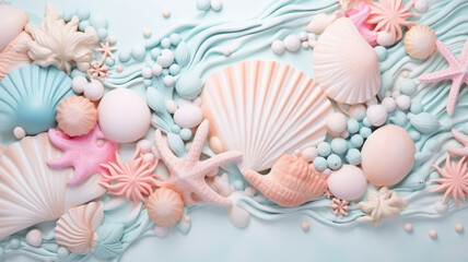 Seashells, starfish and pearls in pastel pink and blue colors with copy space. Photorealistic illustration of Generative AI.