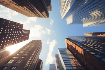 Fototapeta na wymiar View of skyscrapers from below. Photorealistic illustration of Generative AI.