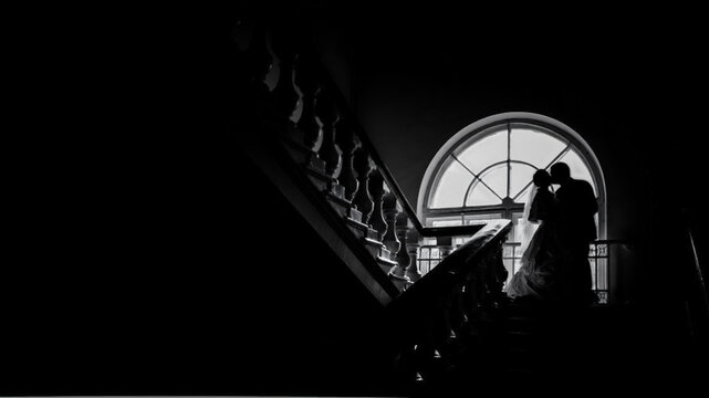 Beautiful wedding celebration. The silhouettes of the bride and groom stand opposite each other against the background of a large antique window in a vintage interior. Black and white photography.