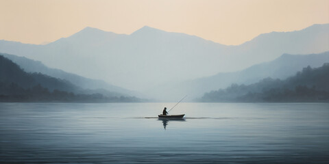 Fototapeta premium Lone fisherman on a boat at the lake. Minimalistic oil painting. Generative AI illustration.