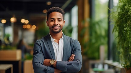 Young manager, leadership and smile of a black man standing with arms crossed in a startup business for motivation, innovation and success - obrazy, fototapety, plakaty