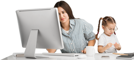 Happy busy mother working with a child on laptop