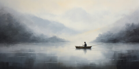Fototapeta na wymiar Lone fisherman on a boat at the lake. Minimalistic oil painting. Generative AI illustration.
