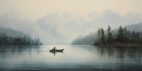 Lone fisherman on a boat at the lake. Minimalistic oil painting. Generative AI illustration.