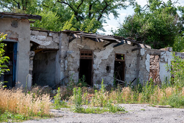destroyed houses in an abandoned city without people in Ukraine