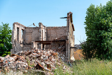 destroyed houses in an abandoned city without people in Ukraine
