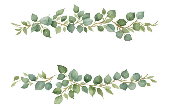Watercolor of green floral banner with eucalyptus leaves on transparent background,generative ai
