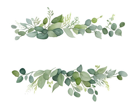 Watercolor of green floral banner with eucalyptus leaves on transparent background,generative ai