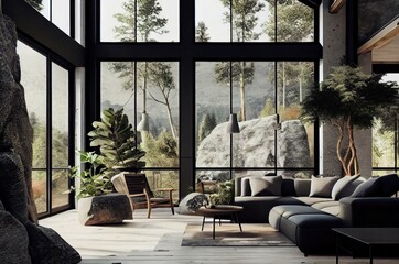 Outdoor Nature Showcased Luxurious Home Big Windows Generative AI
