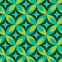 Mid Century atomic starbursts seamless pattern  on green geometric leaves. For home decor, wallpaper and textile 