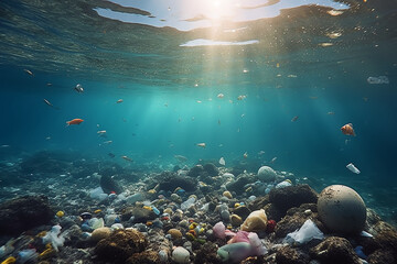 plastic pollution of the ocean underwater photo. generative AI