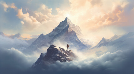 Fototapeta na wymiar A snow-covered mountain range under an overcast sky. mountain climber silhouette. Generative ai.