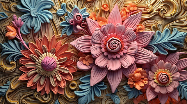 3d multicolored flowers three-dimensional painting background. flower ornament generative AI © kichigin19