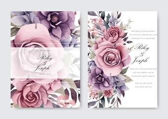 Beautiful purple floral wreath wedding invitation card template. Beautiful roses wedding card invitation.