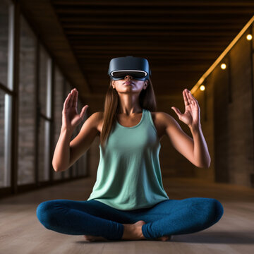 Young woman wearing virtual reality headset sitting in yoga lotus pose.