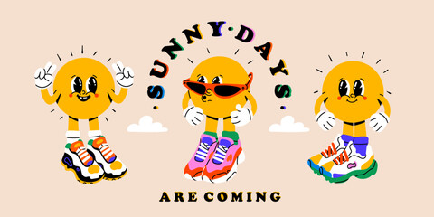 Sun with eyes, hands and legs. Set of funny cartoon characters wearing big sneakers, cool stylish shoes, socks. Sticker, poster, print, design templates. Hand drawn trendy Vector illustration