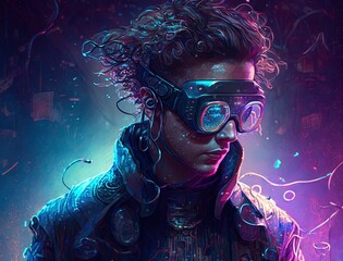 A vibrant, detailed drawing of a man wearing futuristic cyberpunk attire (Generative AI)
