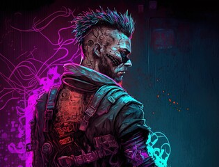 A vibrant, detailed drawing of a man wearing futuristic cyberpunk attire (Generative AI)