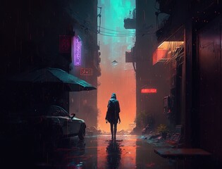 An atmospheric illustration depicting a rain-soaked cyberpunk alleyway (Generative AI)