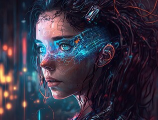 An evocative colored sketch of a cyberpunk girl with glowing optics (Generative AI)